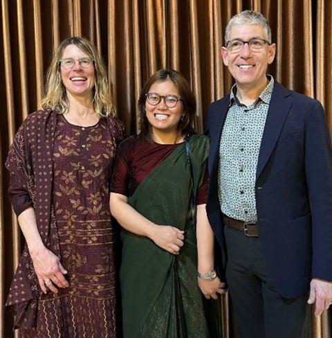 From left to right: Christine Helpard. Punam (from Tibet) and Dr. Paul Helpard, posing for a photo